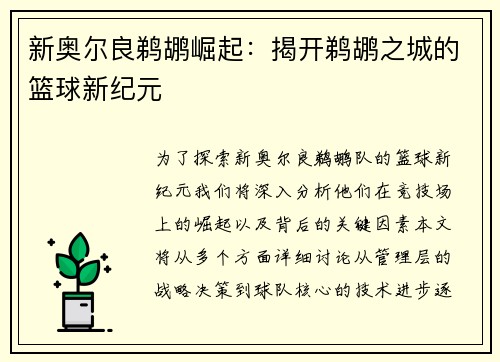 新奥尔良鹈鹕崛起：揭开鹈鹕之城的篮球新纪元