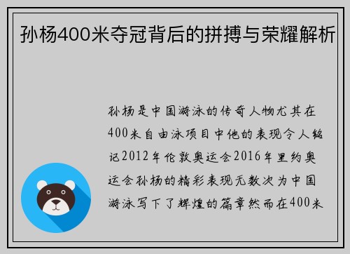 孙杨400米夺冠背后的拼搏与荣耀解析